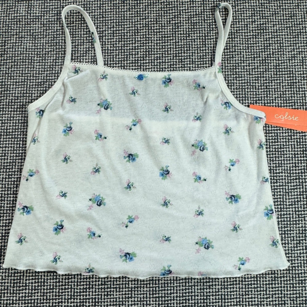Colsie Womens Floral Pointelle Cami Lounge Top White Blue Pink Large NWT